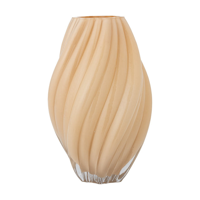 Kanji Glass Vase 30cm in beige, a spiral fluted glass vase with a swollen body and narrow rim, shown on a plain white background.