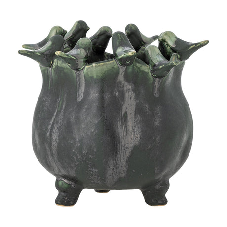 Charlize Stoneware Plant Pot in green reactive glaze, with small modelled birds around the rim, a rounded lobed body on short feet, shown on a plain white background.