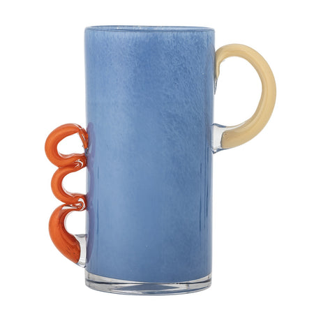 Carlie Glass Vase 25cm in blue, tall cylindrical glass vase with a smooth cream loop handle on one side and a curled orange triple-loop handle on the other, shown on a plain white background.