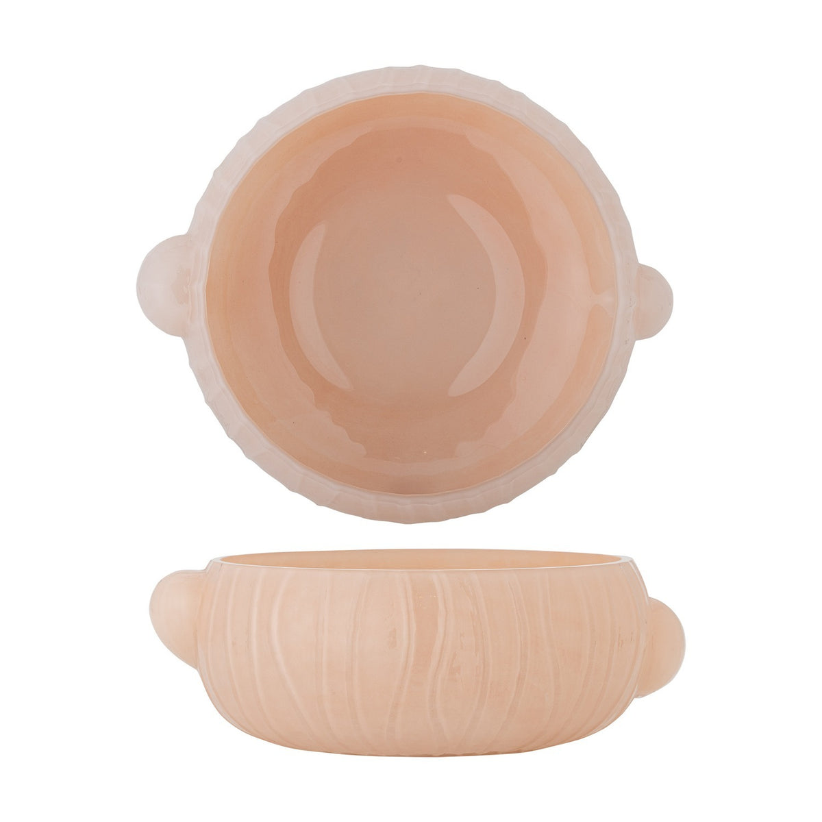 Lalie Ribbed Glass Bowl 20x12.5cm in pink, shown from above and side, with a smooth glossy interior, wavering ribbed exterior, and two rounded side lugs, set on a plain white background.