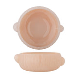 Lalie Ribbed Glass Bowl 20x12.5cm in pink, shown from above and side, with a smooth glossy interior, wavering ribbed exterior, and two rounded side lugs, set on a plain white background.