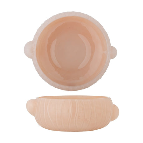 Lalie Ribbed Glass Bowl 20x12.5cm in pink, shown from above and side, with a smooth glossy interior, wavering ribbed exterior, and two rounded side lugs, set on a plain white background.