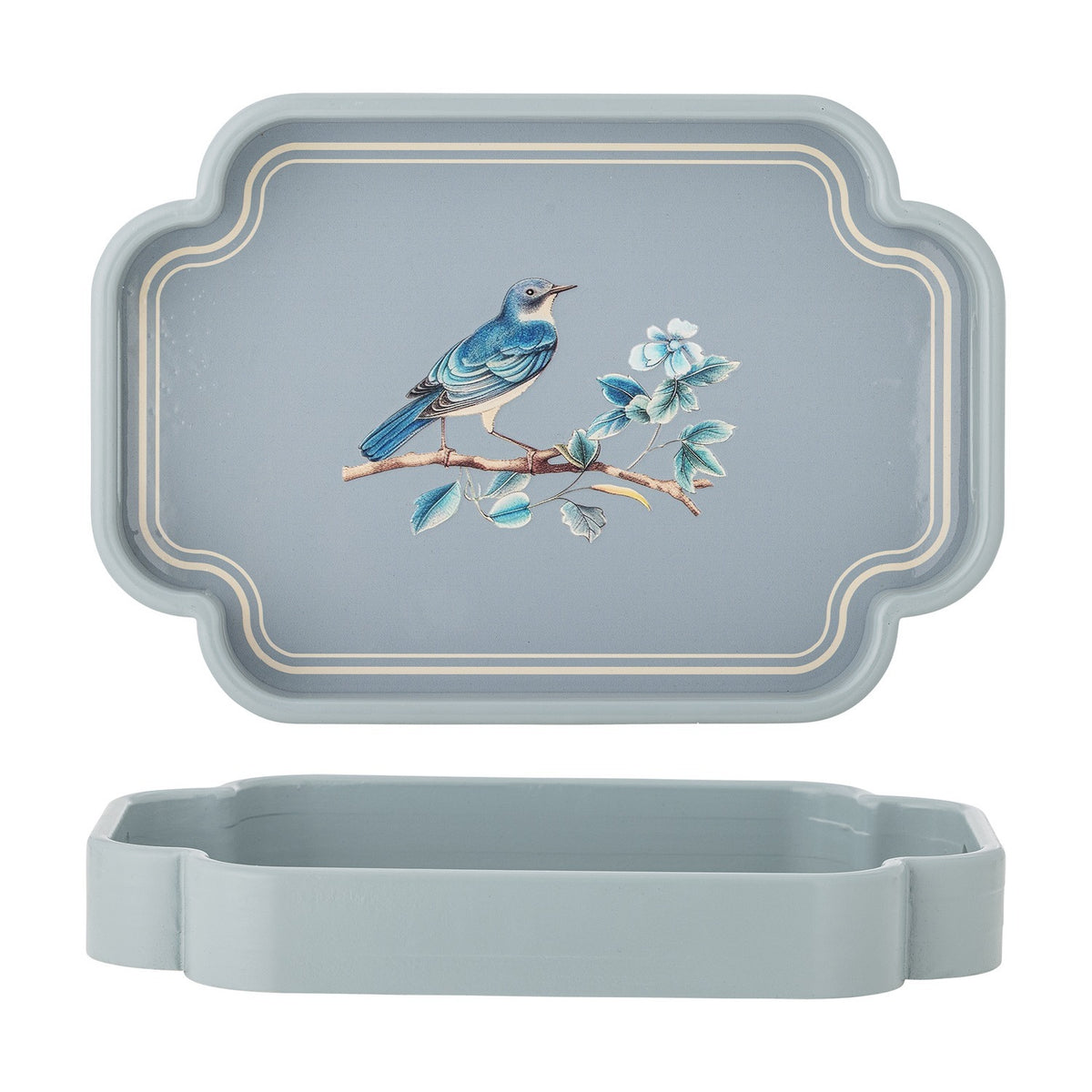 Meggie Tray in blue MDF with scalloped rectangular rim, featuring a bird on a flowering branch within a double-line border, shown with its matching base on a white background.