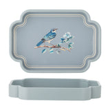 Meggie Tray in blue MDF with scalloped rectangular rim, featuring a bird on a flowering branch within a double-line border, shown with its matching base on a white background.