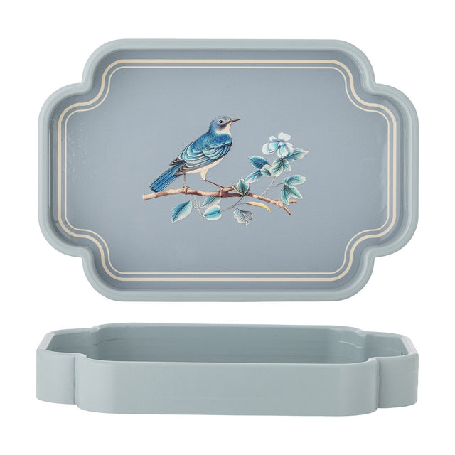 Meggie Tray in blue MDF with scalloped rectangular rim, featuring a bird on a flowering branch within a double-line border, shown with its matching base on a white background.