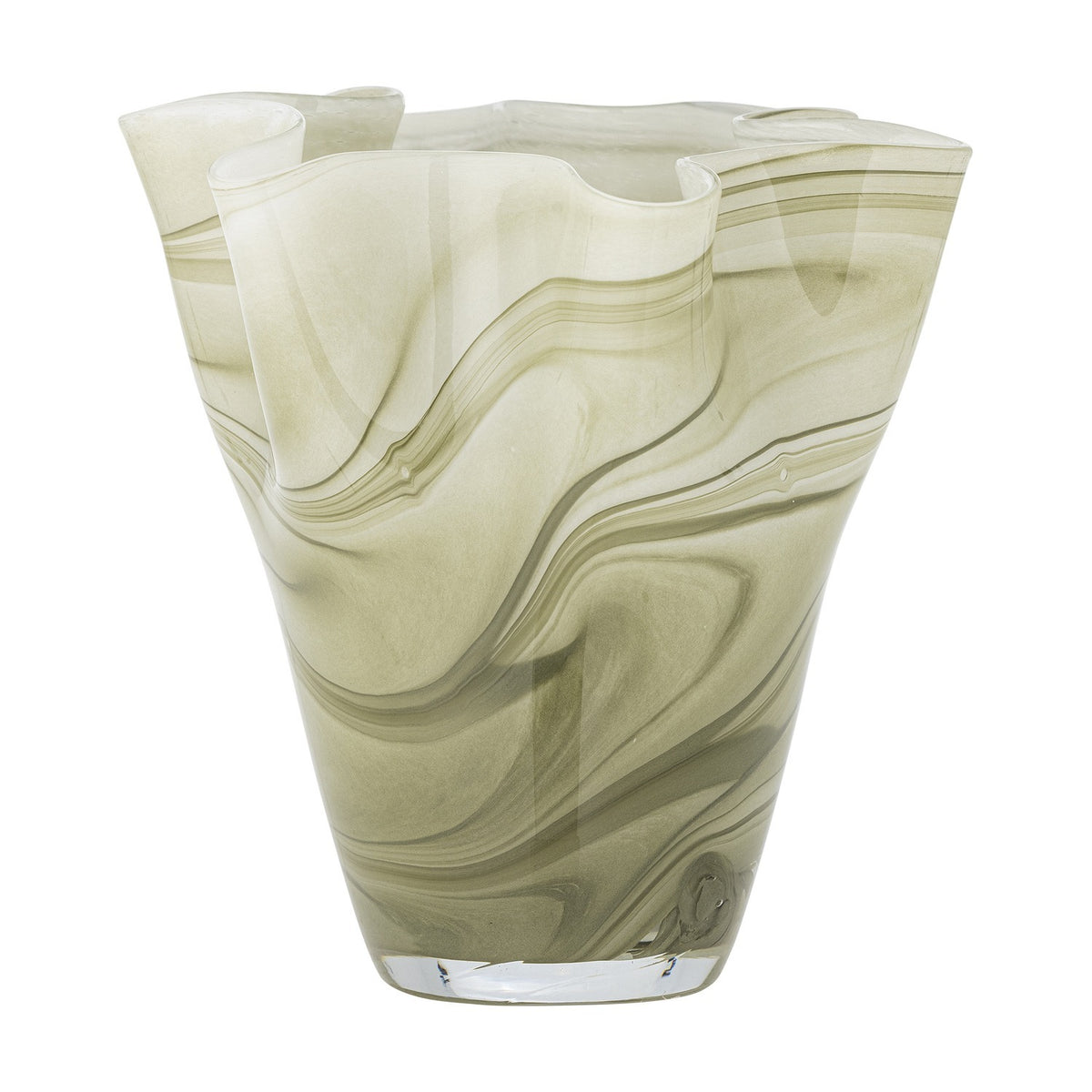 Toryn Marbled Glass Vase 24cm in green, mouthblown with a wavy, folded rim and swirling marbled bands flaring to a wide mouth, shown against a plain white background.