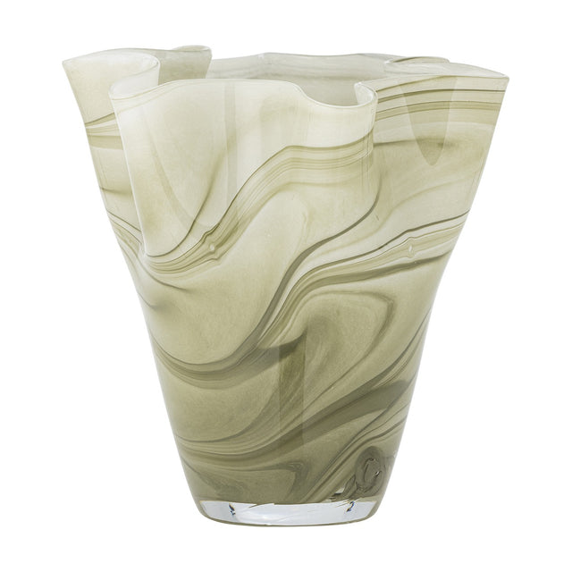 Toryn Marbled Glass Vase 24cm in green, mouthblown with a wavy, folded rim and swirling marbled bands flaring to a wide mouth, shown against a plain white background.