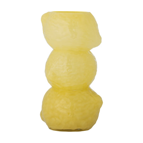 Limone Glass Vase 27cm in yellow, featuring three stacked dimpled rounded forms with a glossy, textured glass finish, shown against a plain white background.