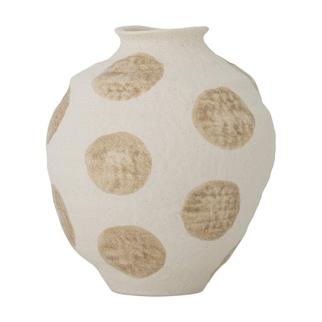 Byron Stoneware Vase 20.5cm in white, a rounded ceramic vase with a short neck and flared lip, featuring textured beige polka dots on a lumpy white surface, shown against a plain background.