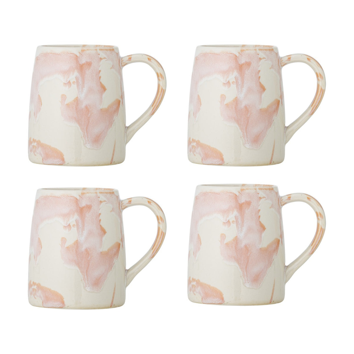Set of four Winnie stoneware mugs with open loop handles in a cream and pink reactive marbled glaze, shown on a plain white background.