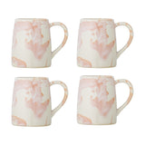 Set of four Winnie stoneware mugs with open loop handles in a cream and pink reactive marbled glaze, shown on a plain white background.