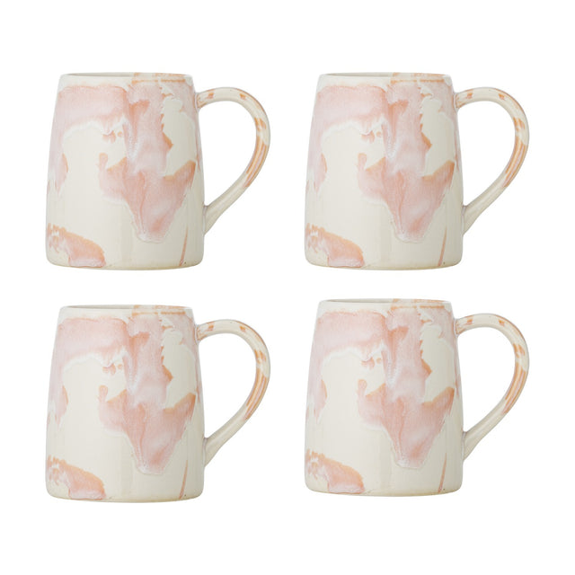 Set of four Winnie stoneware mugs with open loop handles in a cream and pink reactive marbled glaze, shown on a plain white background.