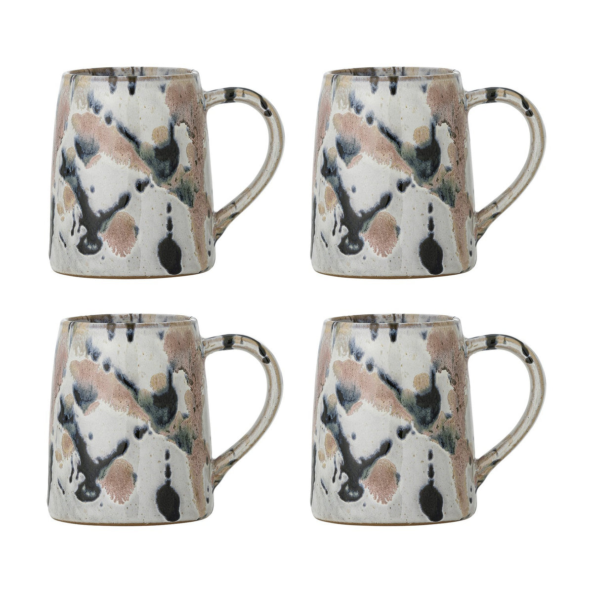 Set of four Winnie stoneware mugs with looped handles, each in a multicoloured reactive glaze showing black, pink and grey splashes and speckles, shown on a plain white background.