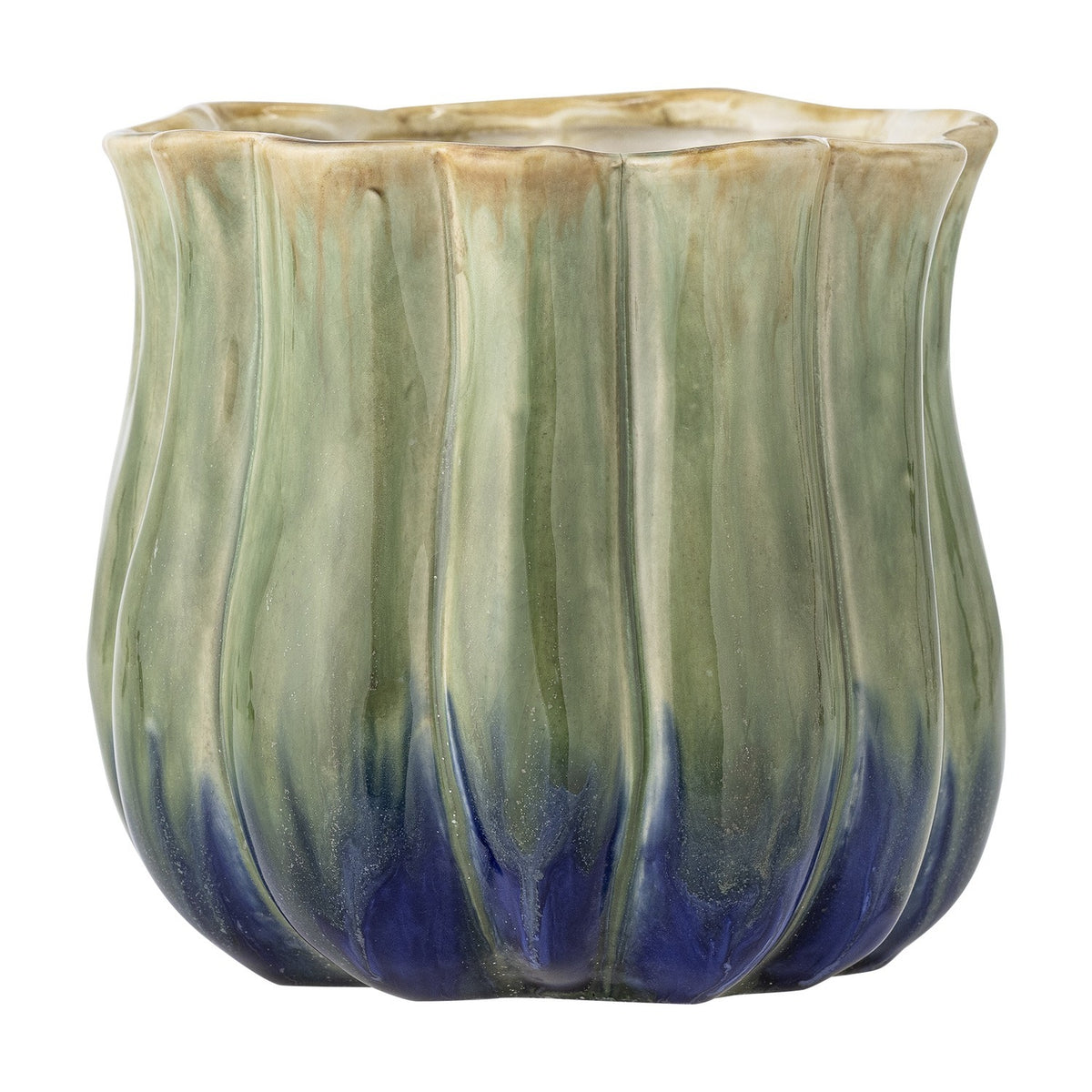 Jenner Stoneware Plant Pot in green, a round ribbed ceramic planter with a scalloped rim and reactive glaze shifting from tan to green to deep blue, shown on a white background.