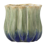 Jenner Stoneware Plant Pot in green, a round ribbed ceramic planter with a scalloped rim and reactive glaze shifting from tan to green to deep blue, shown on a white background.