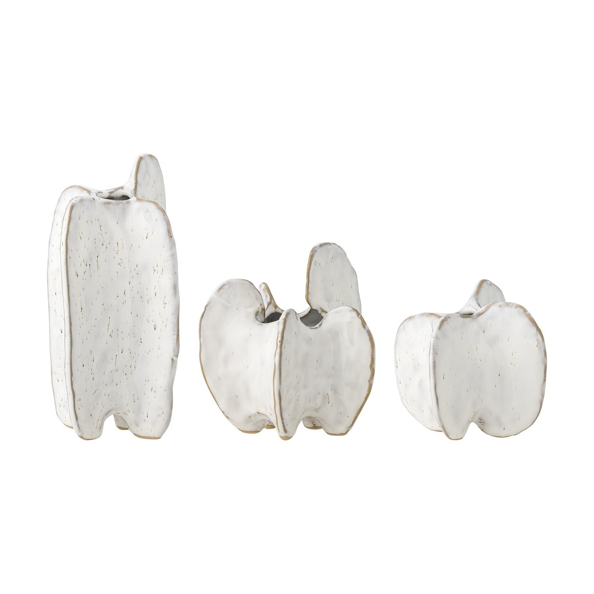 Jayce Stoneware Vases Set of 3 in White, featuring sculptural rounded lobed shapes with small feet and narrow top openings, in varying heights, shown on a plain white background.