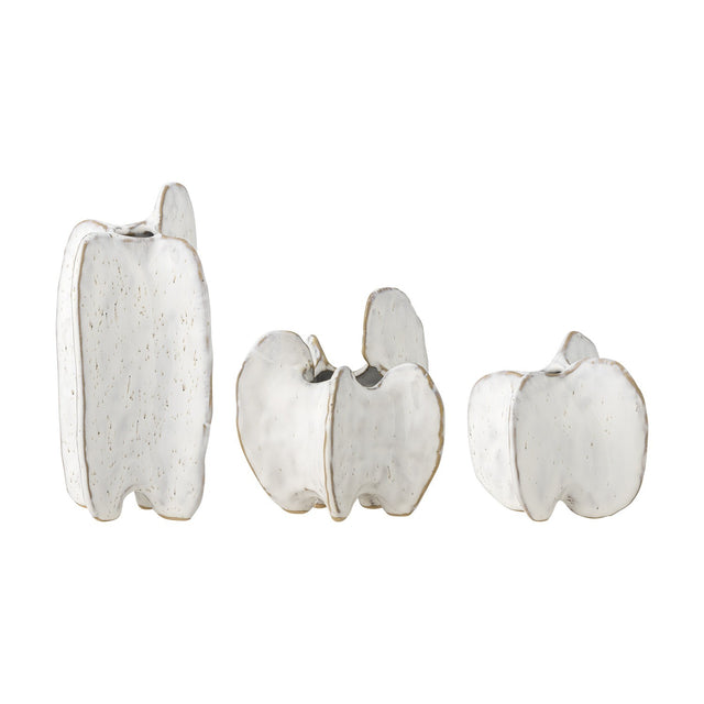 Jayce Stoneware Vases Set of 3 in White, featuring sculptural rounded lobed shapes with small feet and narrow top openings, in varying heights, shown on a plain white background.