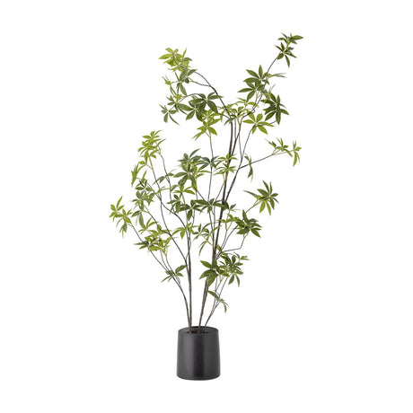 Palmatum Artificial Plant in Green, a tall faux foliage plant with slender branching stems and open hand-shaped leaf clusters in a round black pot, set against a plain white background.
