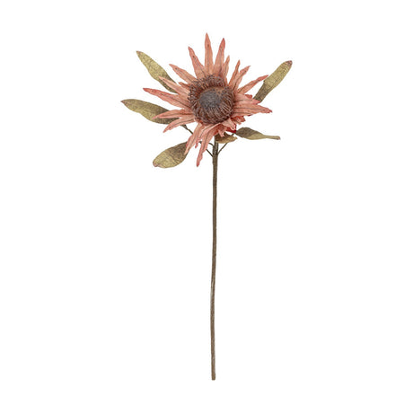 Artificial protea stem with pink pointed bracts around a brown bristly centre, paired with crinkled green-gold leaves on a tall stem, shown against a plain white background.