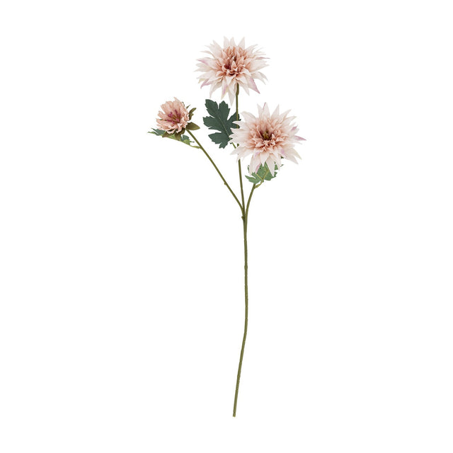 Artificial chrysanthemum stem, 64cm tall, with three pink flower heads of varying bloom stages, green cut leaves, and a slender green stem on a plain white background.