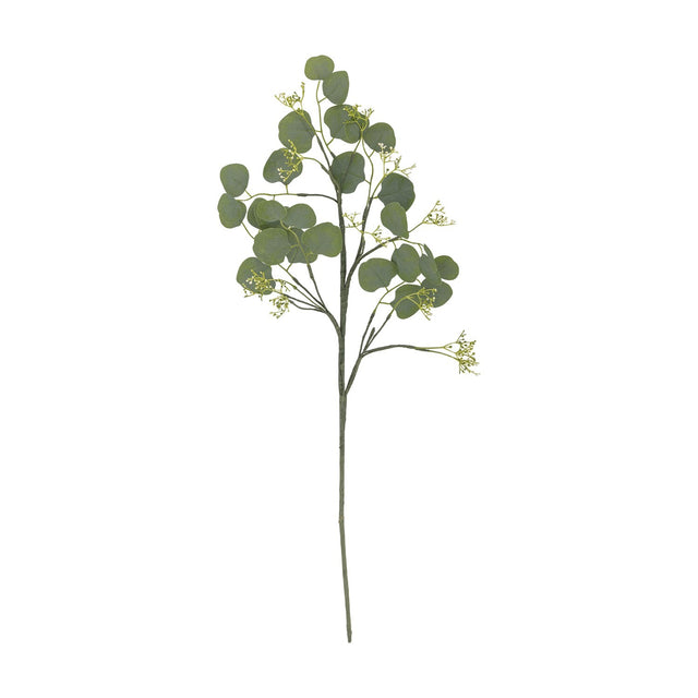Artificial eucalyptus stem, 82cm tall, with rounded green leaves on slender branching stems and small bud clusters, set against a plain white background.