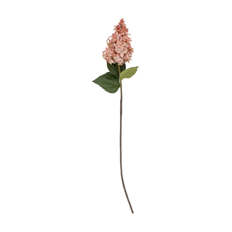 Artificial hydrangea stem, 76cm, with a tapering cone of soft pink florets, green leaves beneath the flowerhead, on a slender brown stem against a plain white background.