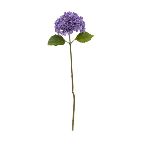 Artificial hydrangea stem, 73cm, with a full rounded purple flowerhead, two green leaves, and a jointed stem, shown against a plain white background.