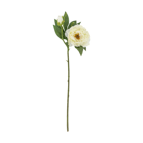 Artificial peony stem in cream with one fully open ruffled bloom, a closed bud on a side stem, and green leaves along a slender stem, shown on a plain white background.