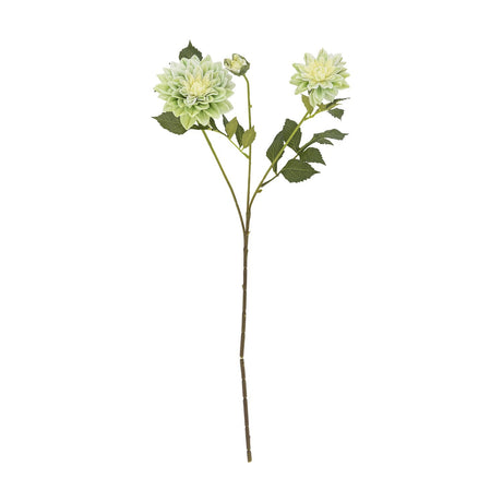Artificial chrysanthemum stem with two layered green blooms and a closed bud on a branching stem with serrated leaves, shown against a plain white background.