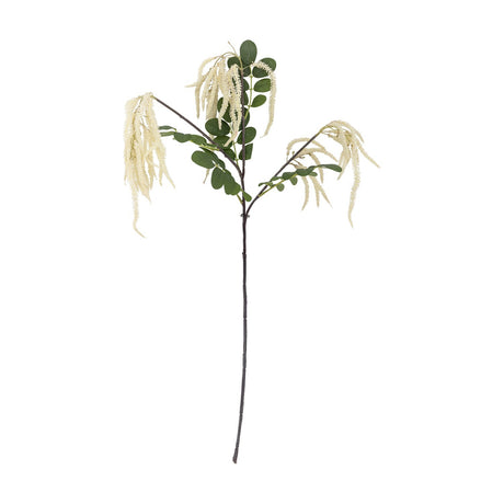 Reed Artificial Stem in cream featuring a branching stalk with rounded green leaves and three clusters of soft, drooping plumes, set against a plain white background.