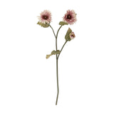 Artificial chrysanthemum stem, 96cm tall, with two open pink fringed flowers and one closed bud, each above veined green leaves on a bare stem, set against a plain white background.