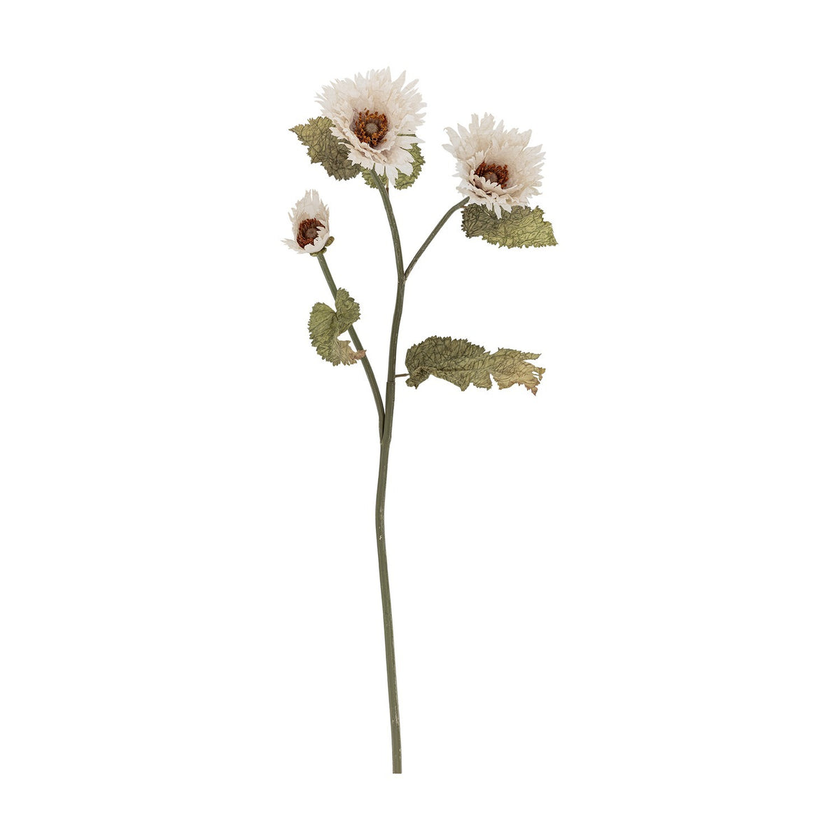 Chrysanthemum artificial stem, 96cm, with three white fringed blooms and textured green leaves on a slender branching stem, shown against a plain white background.
