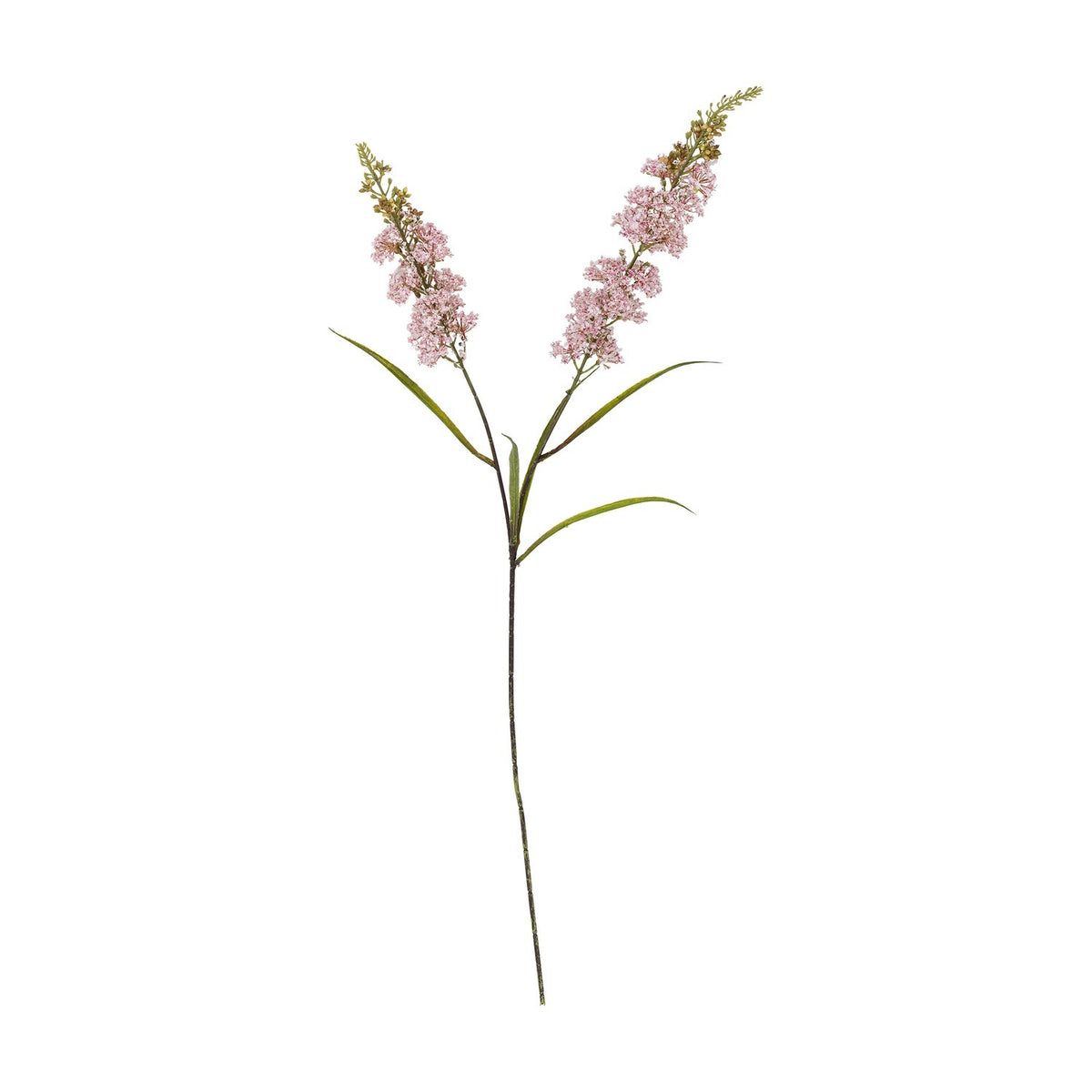 Artificial hydrangea stem, 100cm tall, with two branching pink floret clusters tapering to budded tips above long narrow green leaves, set against a plain white background.