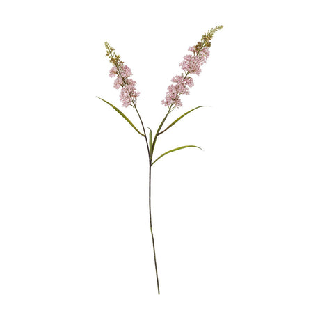 Artificial hydrangea stem, 100cm tall, with two branching pink floret clusters tapering to budded tips above long narrow green leaves, set against a plain white background.