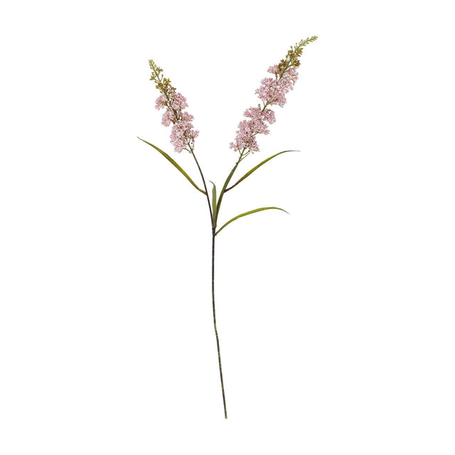 Artificial hydrangea stem, 100cm tall, with two branching pink floret clusters tapering to budded tips above long narrow green leaves, set against a plain white background.