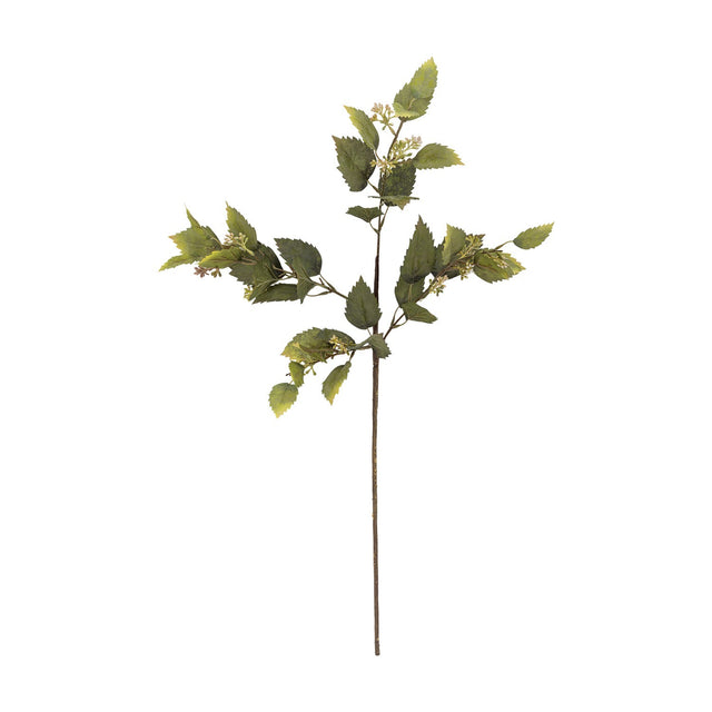Artificial eucalyptus stem, 92cm, with a single branching stalk, toothed green leaves, and small bud clusters, set against a plain white background.