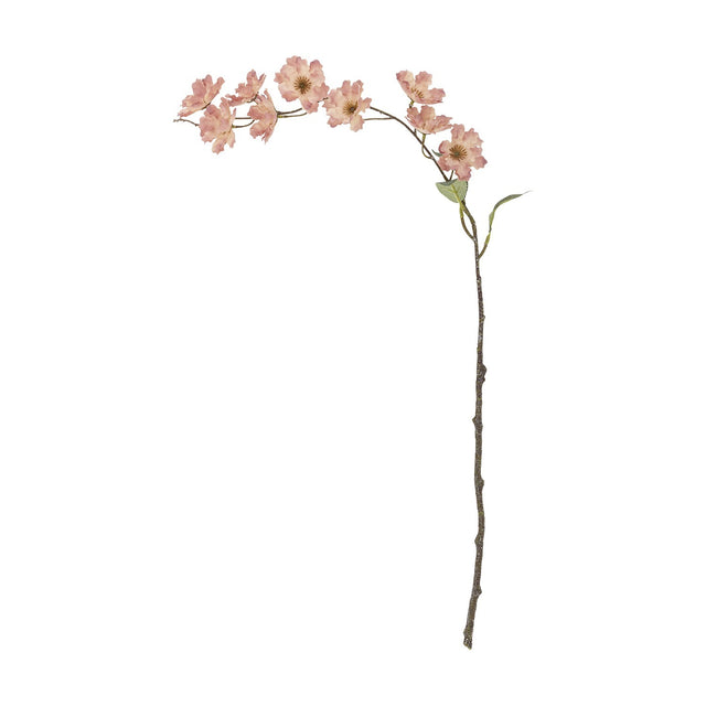 Wild Cherry Artificial Stem in pink, a tall knotted branch curving at the top with ruffled blossoms and two green leaves, shown against a plain white background.