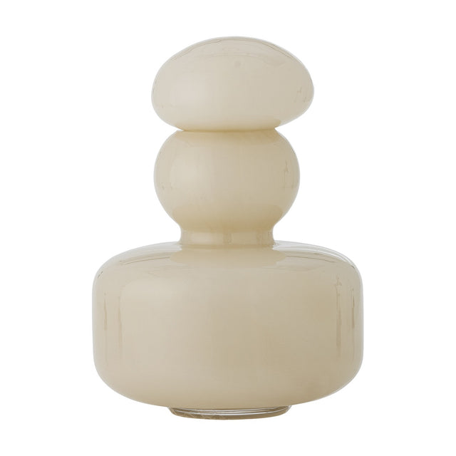 Cynthia Glass Vase 21cm in Beige, mouth-blown glossy glass with a broad low body, ball-shaped neck and domed mushroom-like stopper, shown on a plain white background.