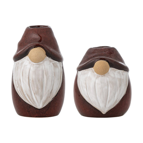 Lyda Stoneware Christmas Candle Holders Set of 2 in red, gnome-shaped with hats, round noses and sculpted white beards, candle sockets in the hats, on a white background.