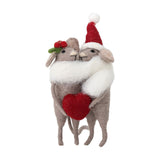 Peo Heart Wool Christmas Tree Decoration in grey, two felt mice hugging with a red heart, one wearing holly and one a Santa hat with white scarf, on a white background.