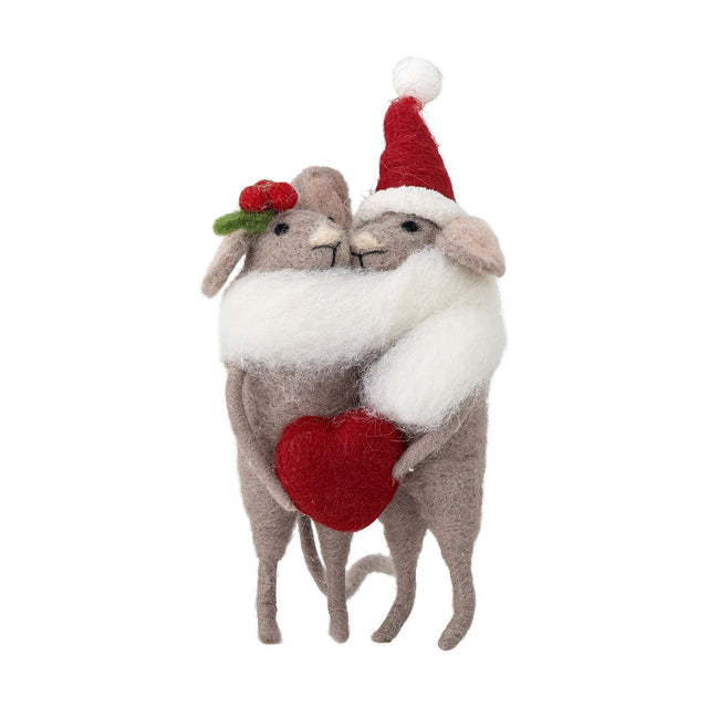 Peo Heart Wool Christmas Tree Decoration in grey, two felt mice hugging with a red heart, one wearing holly and one a Santa hat with white scarf, on a white background.