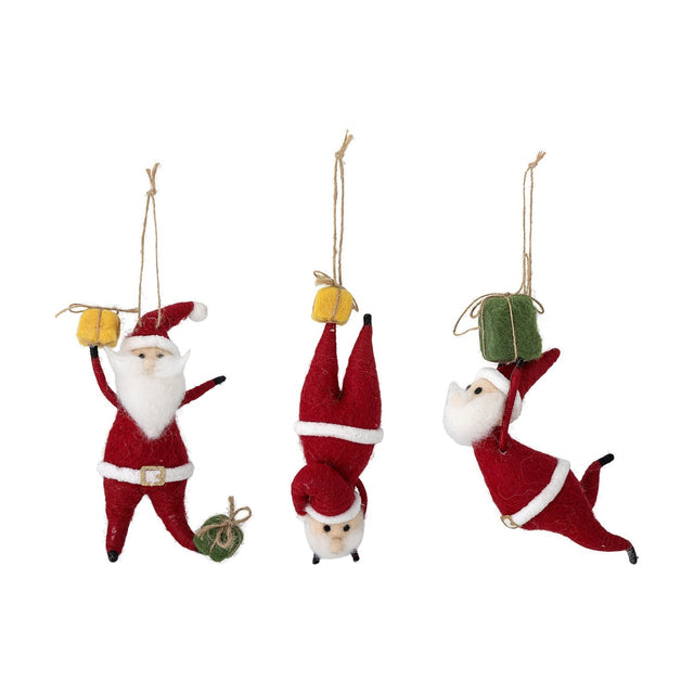 Giles Wool Christmas Tree Decorations Set of 3 in red, hanging felt Santa figures in standing, upside-down, and diving poses, each holding a wrapped gift, on a white background.