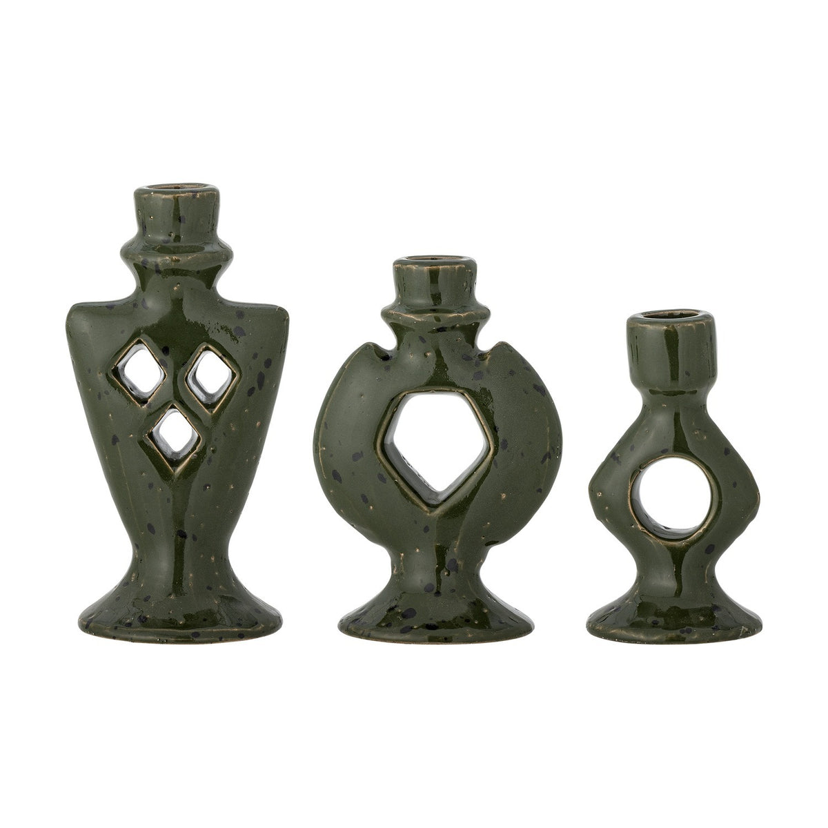 Weio Geometric Stoneware Candle Holders set of 3 in green, each pierced with cut-out shapes—diamonds, a large diamond, and a circle—on a plain white background.