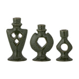Weio Geometric Stoneware Candle Holders set of 3 in green, each pierced with cut-out shapes—diamonds, a large diamond, and a circle—on a plain white background.