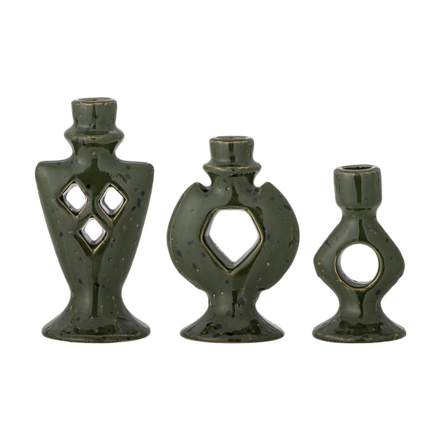 Weio Geometric Stoneware Candle Holders set of 3 in green, each pierced with cut-out shapes—diamonds, a large diamond, and a circle—on a plain white background.
