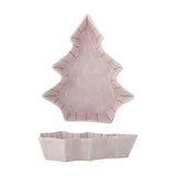 Shirly Striped Stoneware Christmas Platter in pink, tree-shaped with stepped branches and hand-painted rim stripes, shown with its matching star-shaped base tray on a white background.
