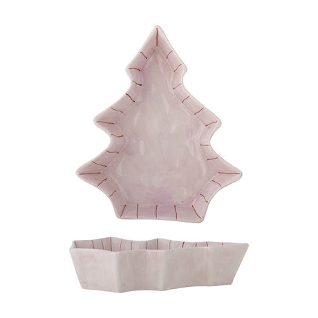 Shirly Striped Stoneware Christmas Platter in pink, tree-shaped with stepped branches and hand-painted rim stripes, shown with its matching star-shaped base tray on a white background.
