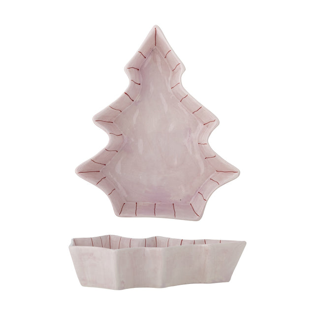 Shirly Striped Stoneware Christmas Platter in pink, tree-shaped with stepped branches and hand-painted rim stripes, shown with its matching star-shaped base tray on a white background.