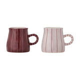 Shirly Striped Stoneware Christmas Mugs, set of 2, 260ml, tapered stoneware mugs with loop handles in burgundy with white stripes and cream with red stripes, on a plain white background.