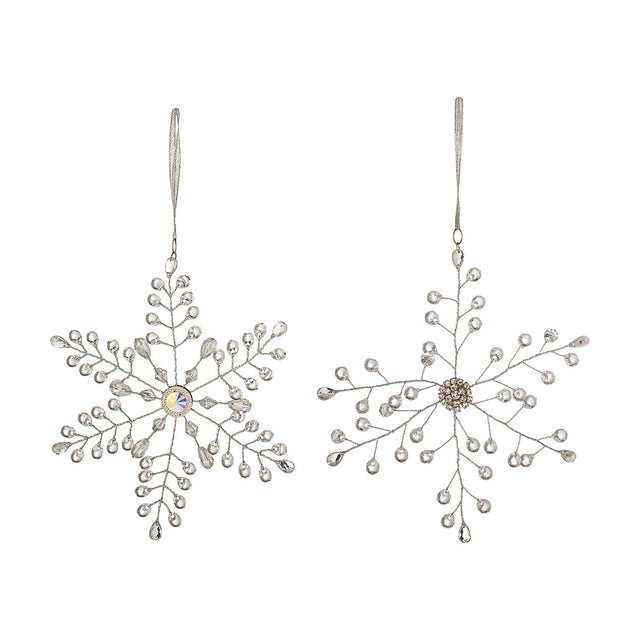 Miku Snowflake Christmas Tree Decorations, set of 2, clear wire snowflakes with beaded PMMA branches and hanging ribbons, shown on a plain white background.